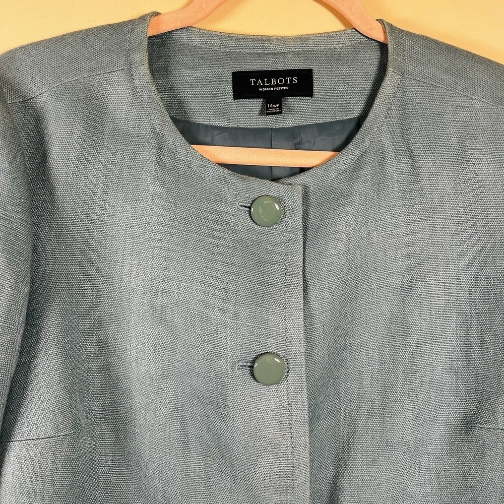 Talbots Woman Petites Blue 100% Linen Collarless Button Jacket 14WP Tailored